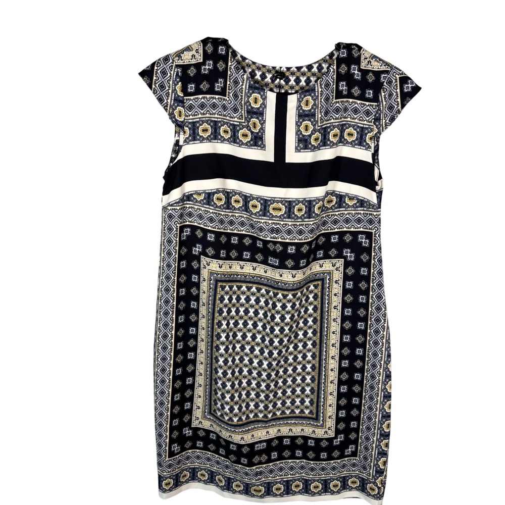 Mango Basics Shift Dress Womens XS Blue Geometric Tile Print Cap Sleeve Mini‎